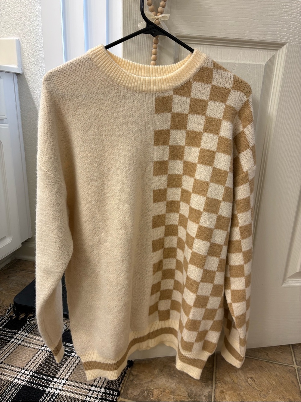 Women’s Cream and Tan Checker Knit Sweater